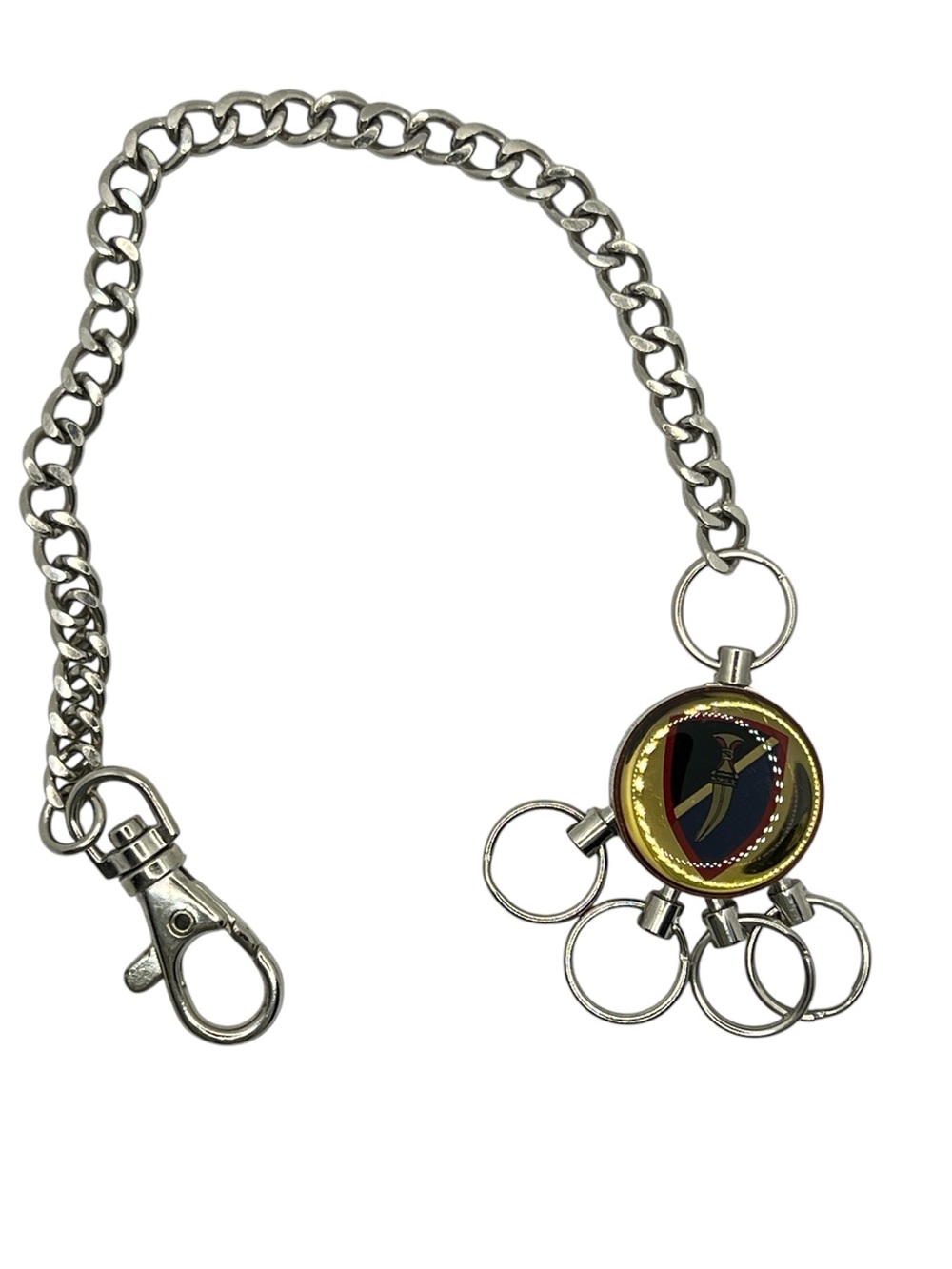 Unisex Silvertone Multiring Key Chain with Decorative Emblem